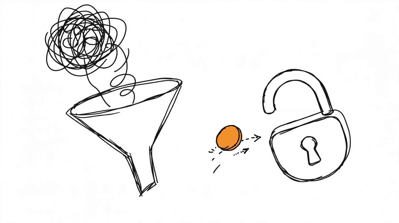 Hand-drawn funnel where a messy scribble enters and an orange clean coin exits toward a matching lock, meaning Meta CAPI hashing normalization