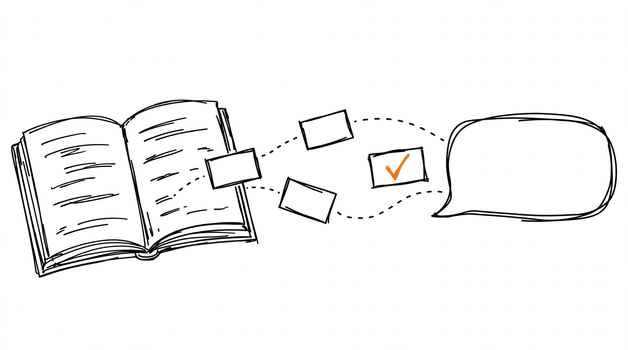 Hand-drawn catalog book feeding product cards through a funnel into a chat window, one product card highlighted orange, meaning ChatGPT Ads product feeds
