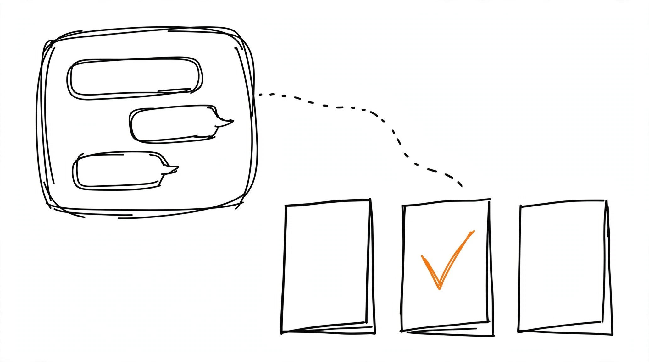 Hand-drawn chat conversation flowing along a dotted line toward three plain cards, the middle card marked with an orange check, meaning ChatGPT Ads targeting