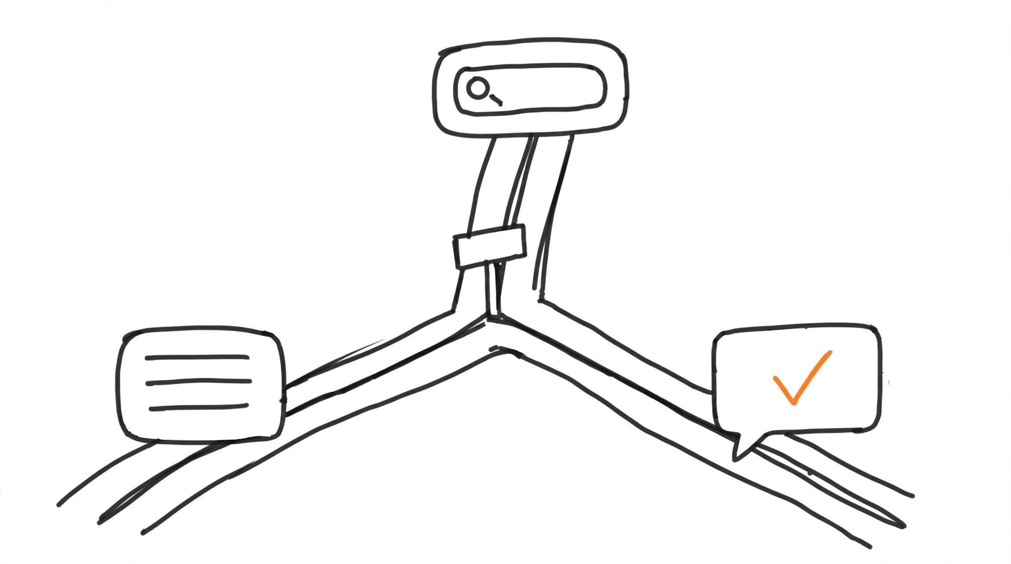 Hand-drawn three-way crossroads with signs pointing to a search bar, a social feed, and a chat window, the chat sign highlighted orange, meaning ChatGPT Ads vs Google Ads vs Meta