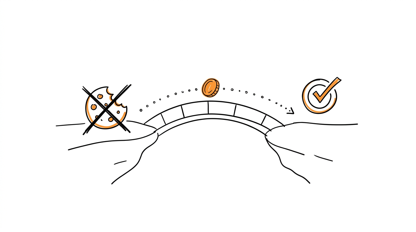 Hand-drawn bridge where an orange coin crosses past a crossed-out cookie toward a target check mark, meaning cookieless attribution