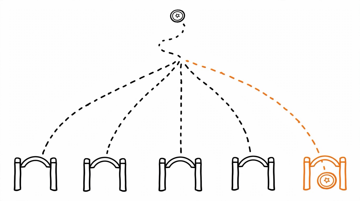 Hand-drawn one road splitting into five lanes with labeled signs toward five different gates, meaning cross-platform conversion parameters