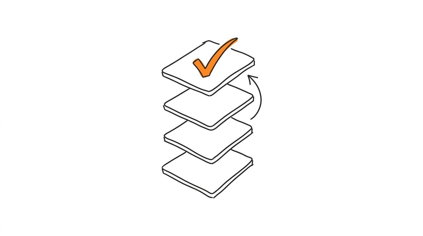 Hand-drawn podium stack of event cards with the top one checked in orange, symbolizing Aggregated Event Measurement web-event processing