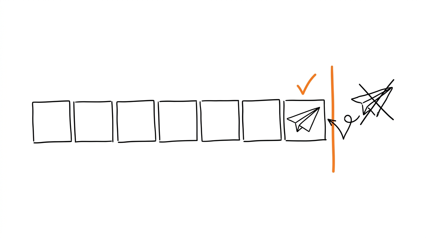Hand-drawn calendar strip of seven cells with an orange edge line, a checked plane inside and a crossed-out late plane