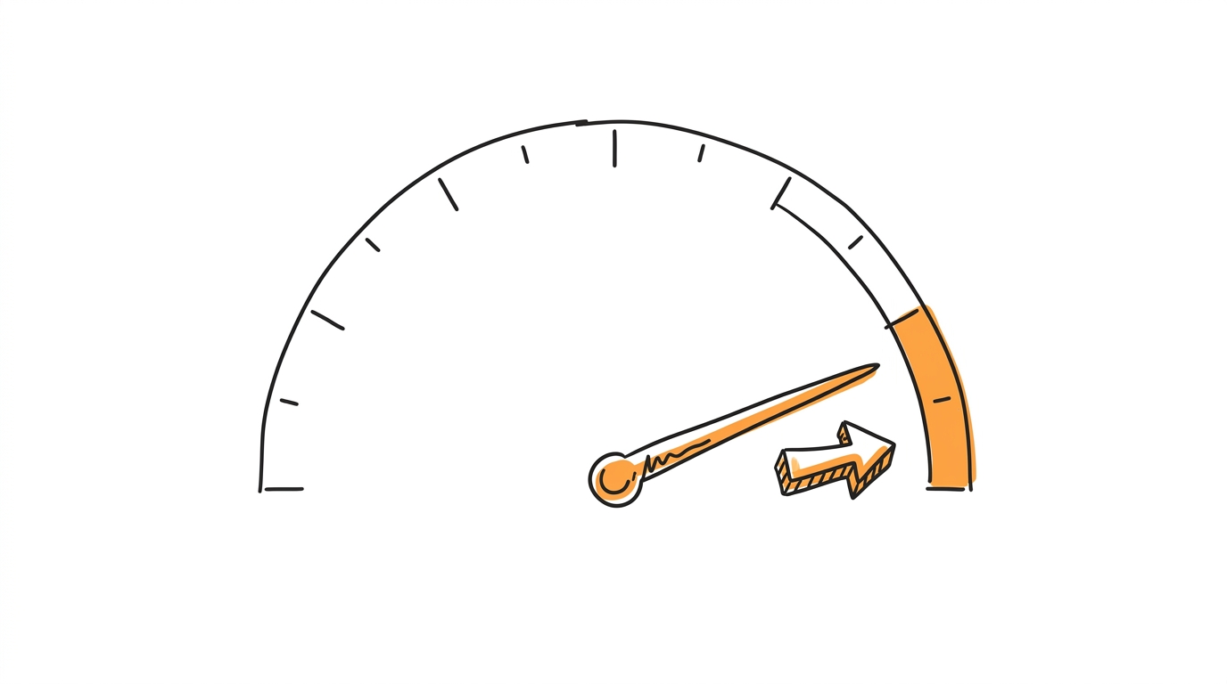 Hand-drawn gauge with the needle pointing into the orange zone, showing a high event match quality score