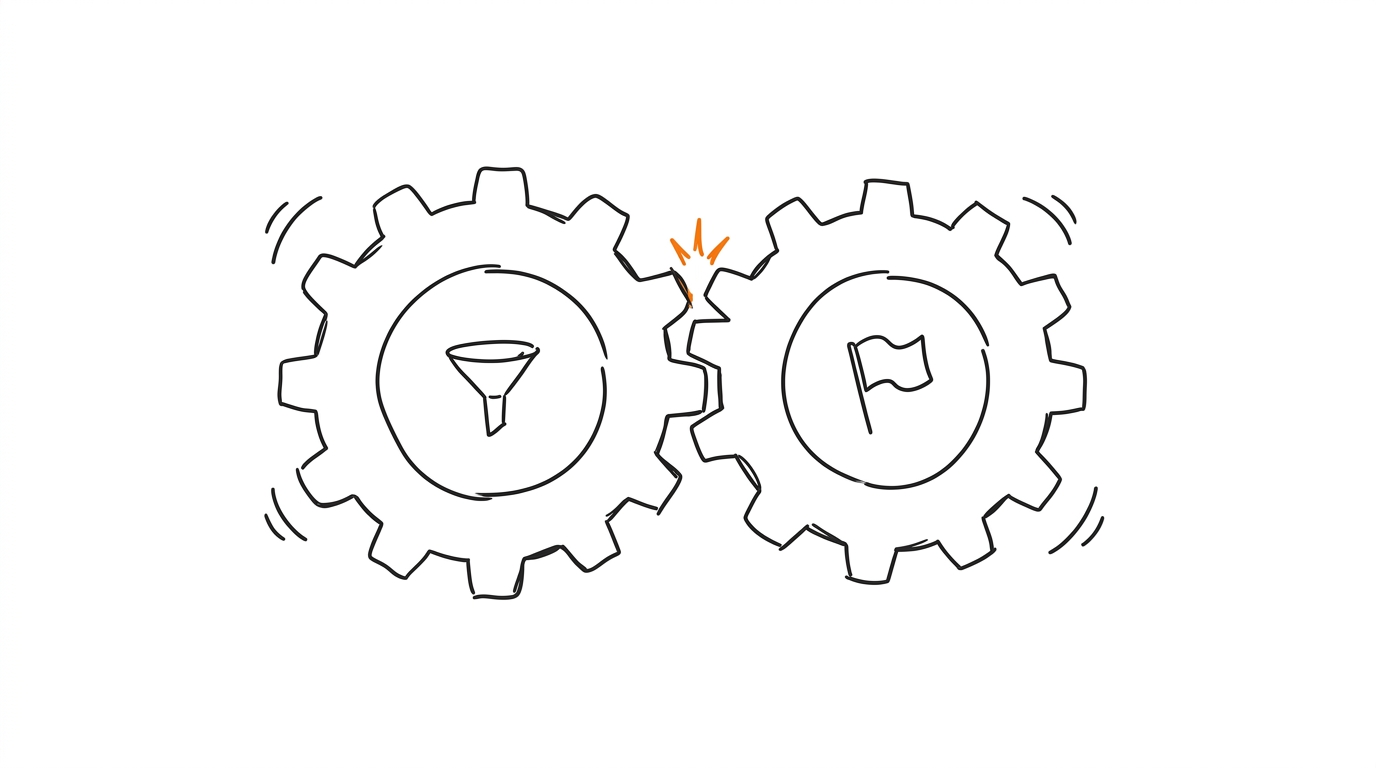 Two hand-drawn gears with a funnel and a flag meshing with an orange spark, symbolizing Keitaro and Facebook CAPI integration