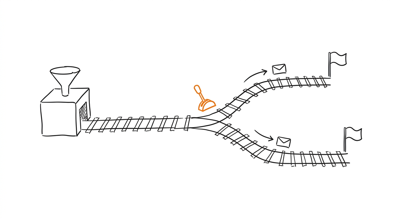 Hand-drawn railway switch splitting one track into two toward two flags, symbolizing postbacks to Facebook and TikTok
