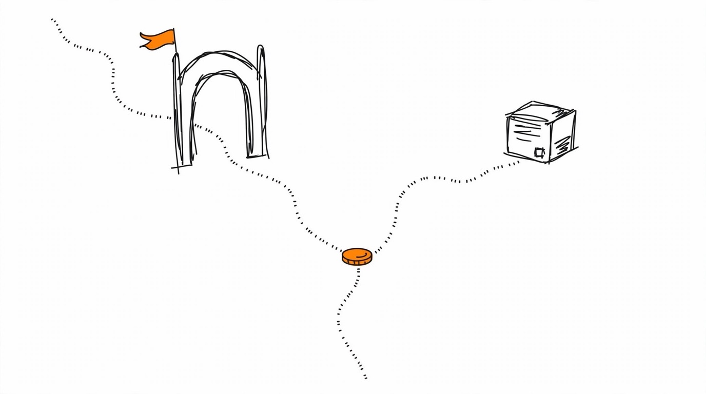 Hand-drawn fork in a road where one path passes through a gateway gate and the other goes straight to a server, meaning Meta CAPI Gateway versus direct integration