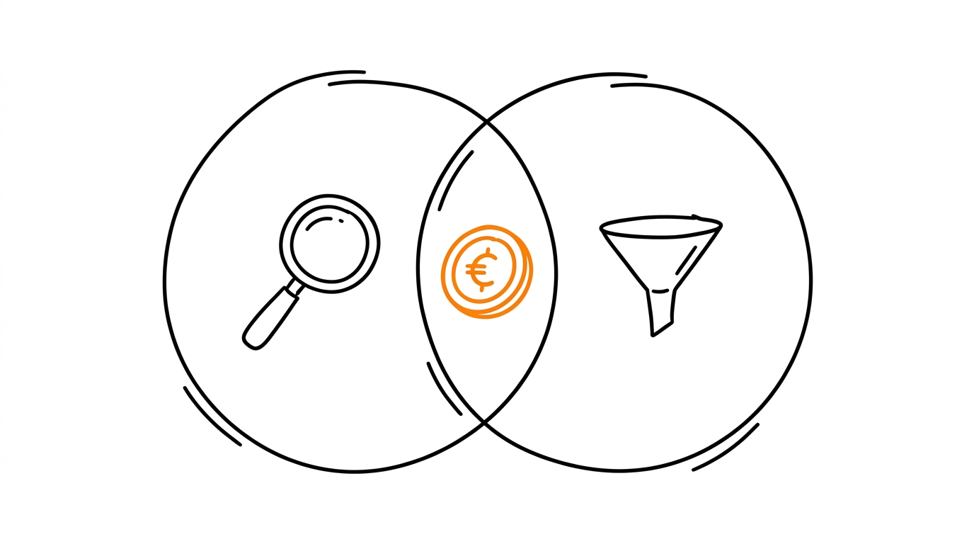 Two hand-drawn circles with a magnifying glass and a funnel overlapping around one orange coin, meaning MMP and affiliate tracker tracking the same conversion