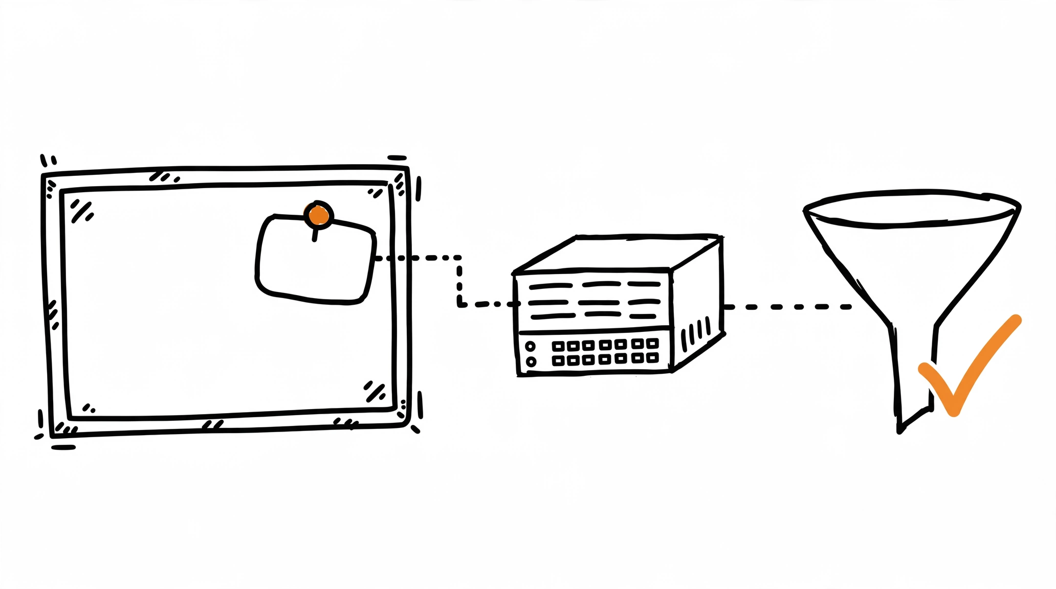 Hand-drawn pinboard with a pinned server card sending an orange event tag along a dotted pipe into a funnel with a check mark, meaning Pinterest Conversions API setup