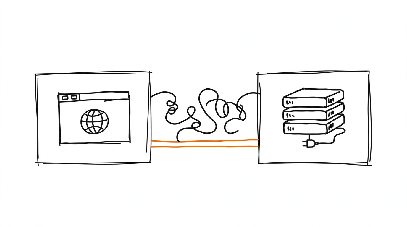 Two roads between a browser box and a server box: a tangled winding one and a short straight one highlighted in orange