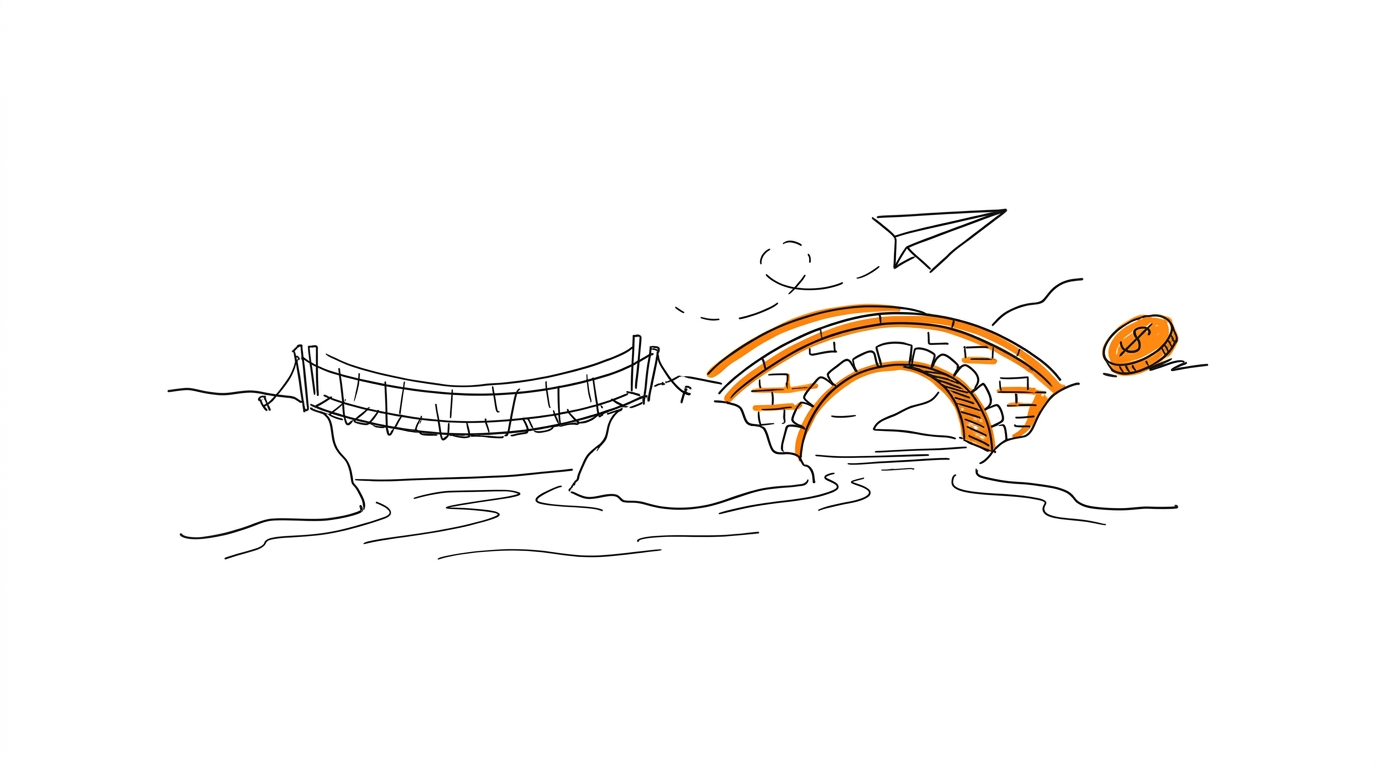 Hand-drawn river with a thin wobbly rope bridge and a sturdy stone arch bridge highlighted orange, a paper plane crossing the stone one, symbolizing server-side tracking versus browser pixel