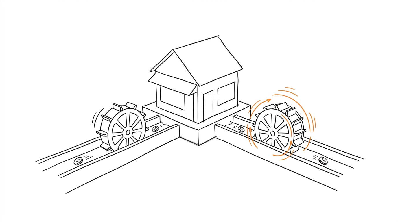 Hand-drawn shop house feeding two water wheels, the right one spinning faster with orange arcs, comparing Shopify GTM and the Google and YouTube app