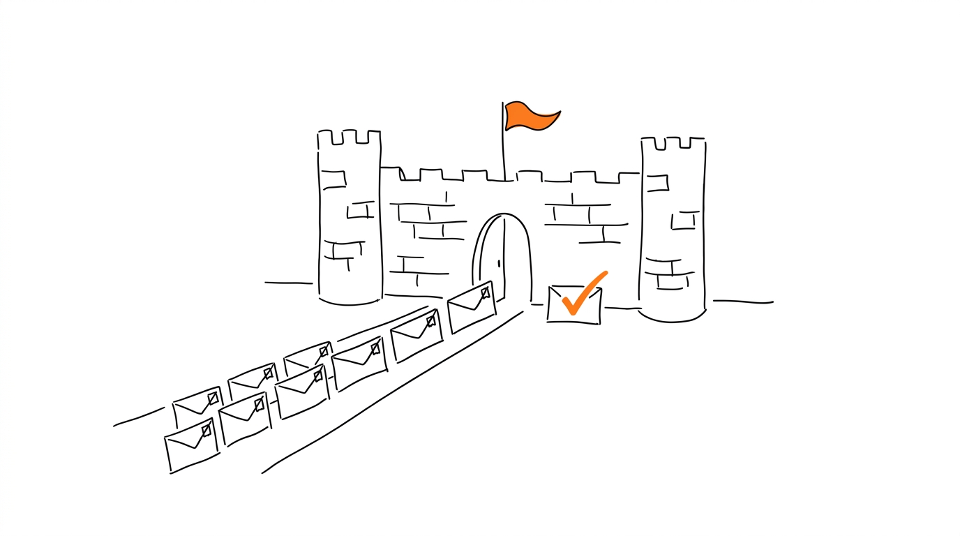 Hand-drawn castle wall with a narrow orange-flagged gate letting one envelope through, symbolizing SKAdNetwork privacy-filtered attribution