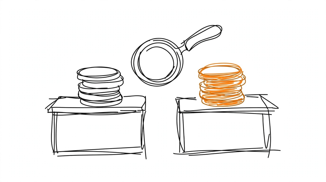 Two counters hold different stacks of coins with a magnifying glass between them, one stack highlighted orange