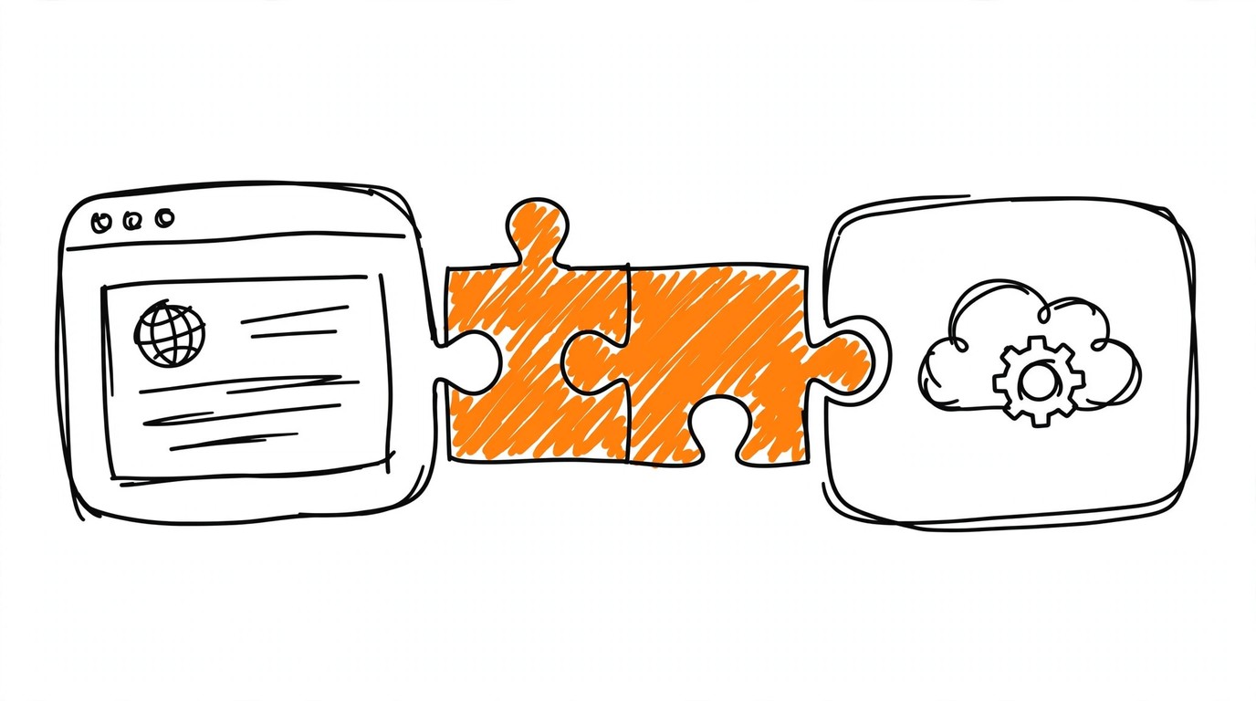 Two puzzle pieces fit together between a browser card and a platform card, the joined piece highlighted orange