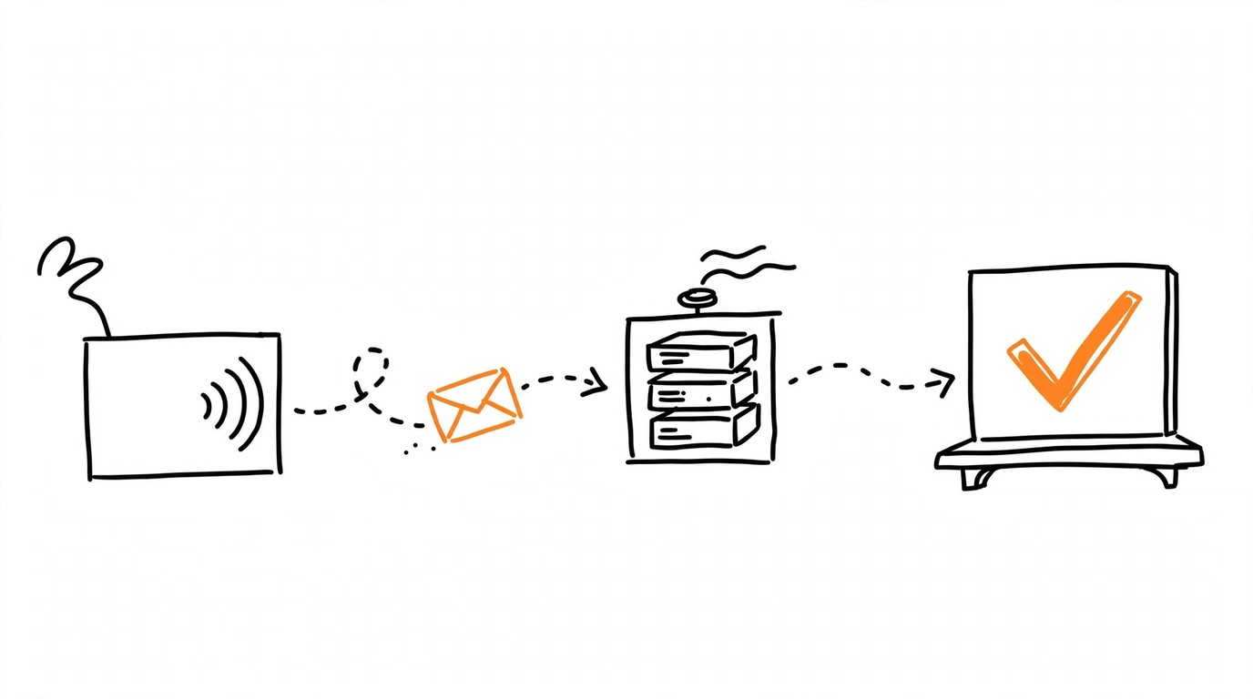 An envelope travels in a relay from a tracker box through a server station to a platform box, with an orange check mark at the final stop