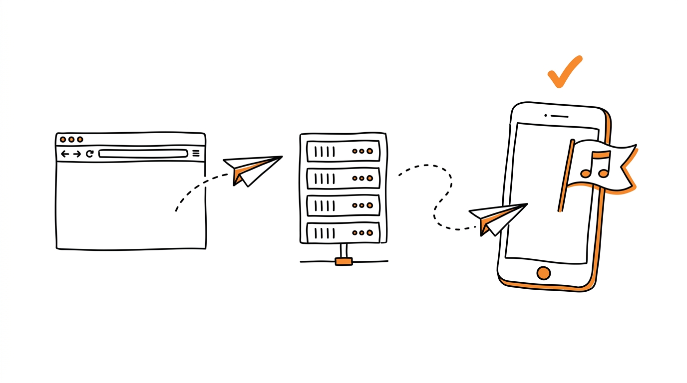 Hand-drawn browser sending paper planes through a server rack with a tag to a smartphone with a music-note flag, symbolizing TikTok events via server-side GTM