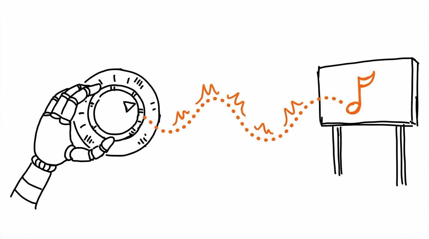 Hand-drawn robot hand feeding a signal dial toward a music-note billboard, meaning TikTok Smart+ Web campaign signals