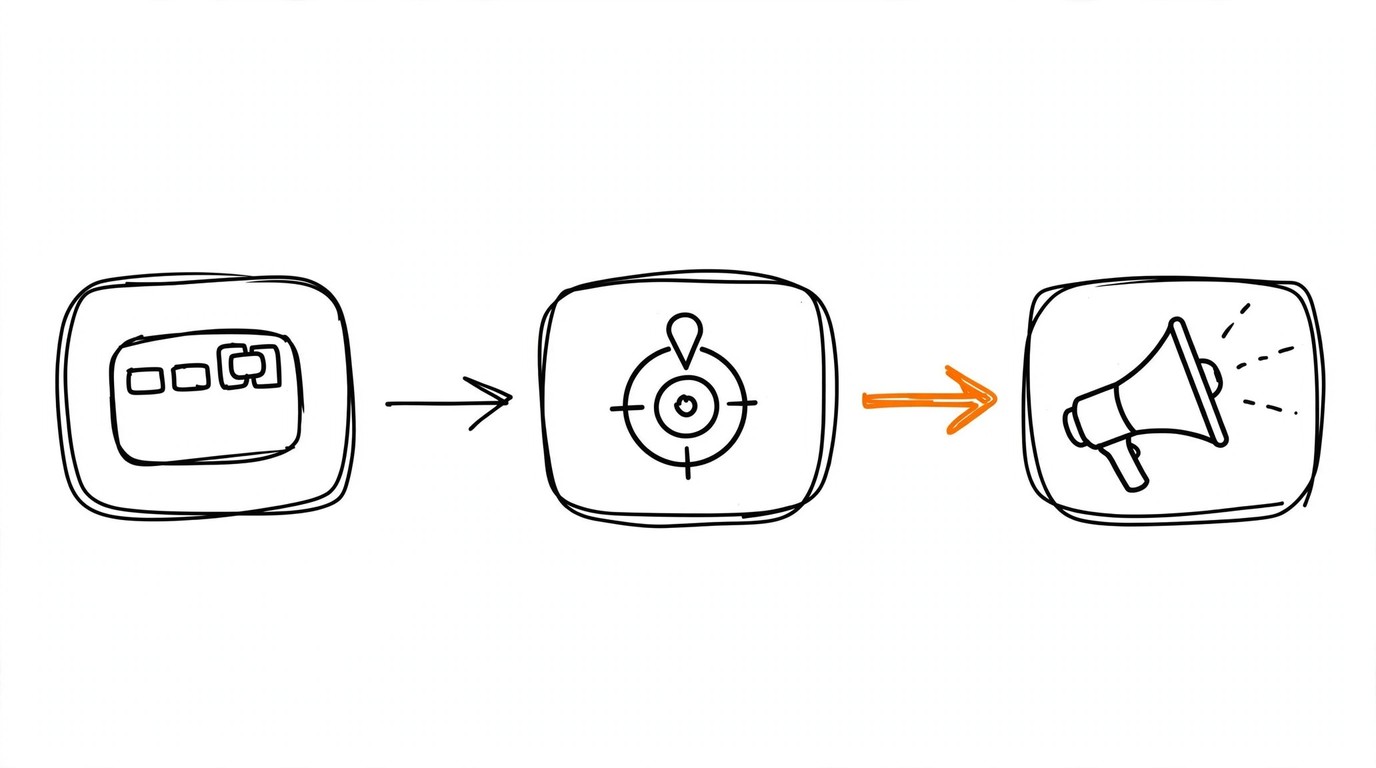 Three boxes connected by arrows form a pipeline from an app card through a tracker box to an ads platform box, the middle link highlighted orange